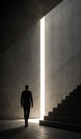 Architettura scura con luce drammatica — riferimento visivo Innesco Agency